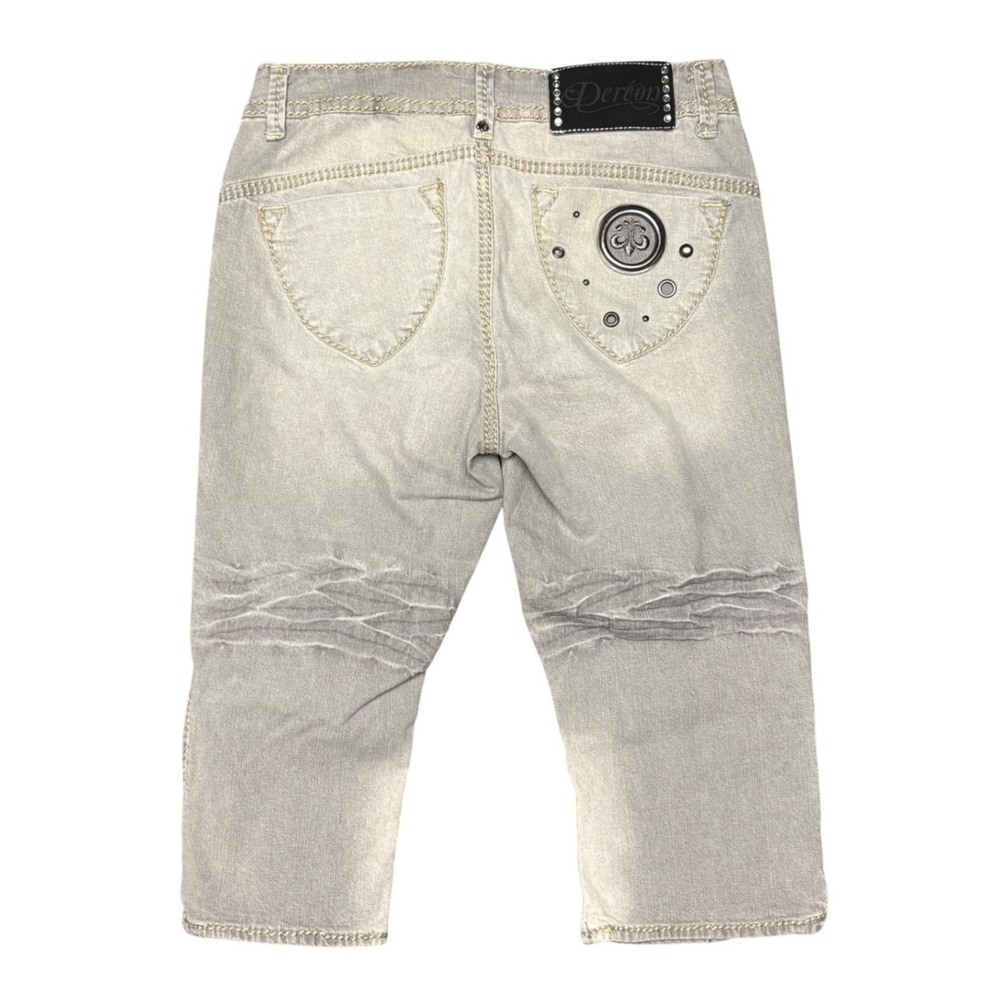 Dercon Gray Denim Capri Pants Embellished Crest Studded Cropped Jeans Womens 3/4
